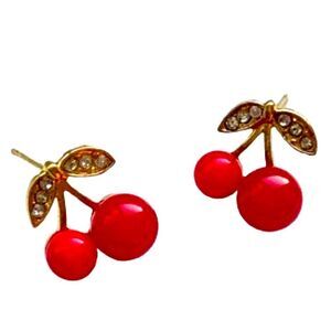 Whimsical Red Cherry Red & Gold Fruit Stud Cherry Bomb Fun Dangle Earrings NEW